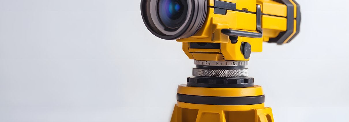 Yellow theodolite surveying instrument on white background.