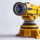 Yellow theodolite surveying instrument on white background.
