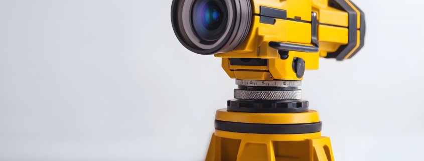 Yellow theodolite surveying instrument on white background.