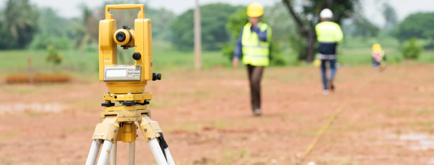 A yellow surveying instrument on a tripod in a field, with two workers in reflective vests and helmets in the background, symbolizing precision and teamwork.