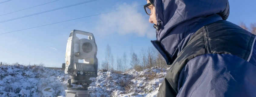 A person in a blue winter coat uses surveying equipment on a snowy landscape. Their breath is visible in the cold air, under a clear blue sky.