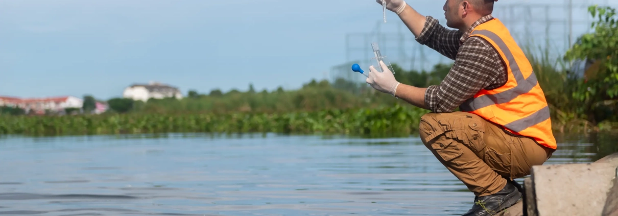 A person in a hard hat and high-visibility vest crouches by the waterside, collecting a water sample with a test tube. The backdrop includes greenery and a cloudy sky.