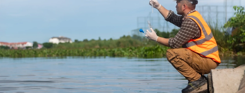 A person in a hard hat and high-visibility vest crouches by the waterside, collecting a water sample with a test tube. The backdrop includes greenery and a cloudy sky.