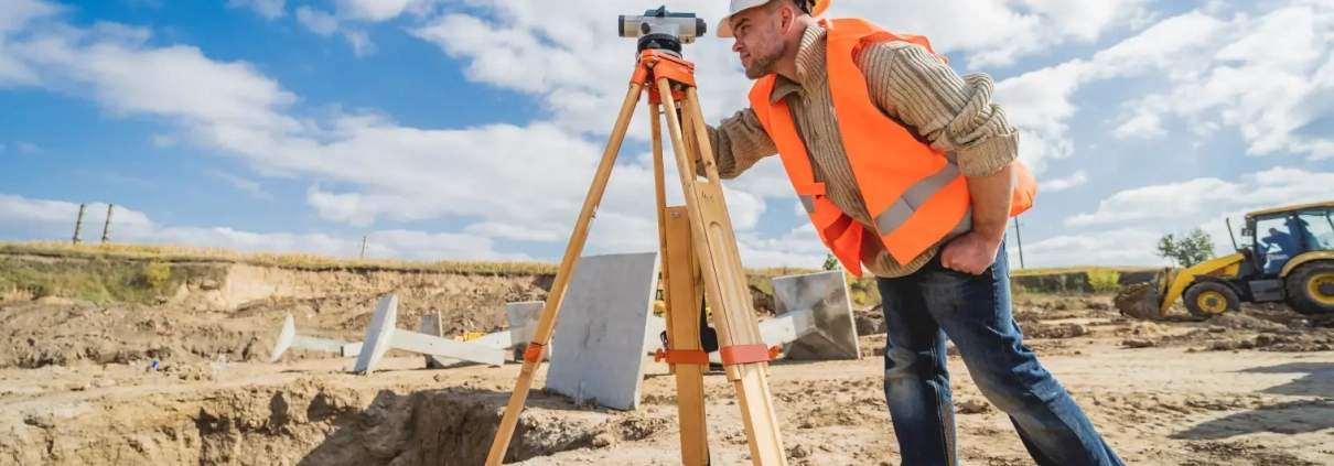 A land survey worker in a hard hat and orange vest uses a theodolite on a tripod at a sunny construction site, with a digger in the background.