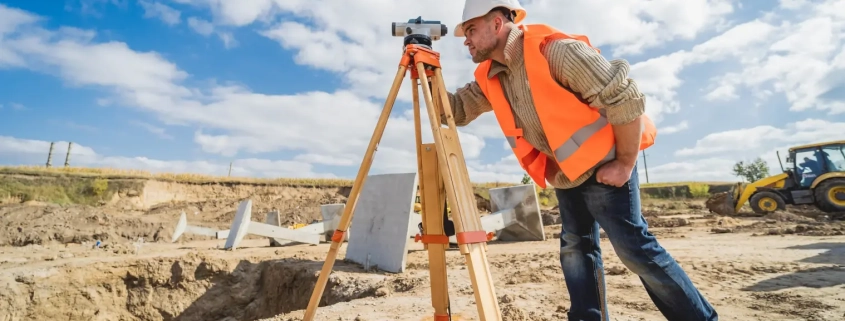 A land survey worker in a hard hat and orange vest uses a theodolite on a tripod at a sunny construction site, with a digger in the background.