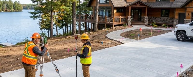 Two land surveyors in high-visibility vests use a total station and prism pole to measure a large, newly poured concrete driveway at a lakeside home in Minnesota.