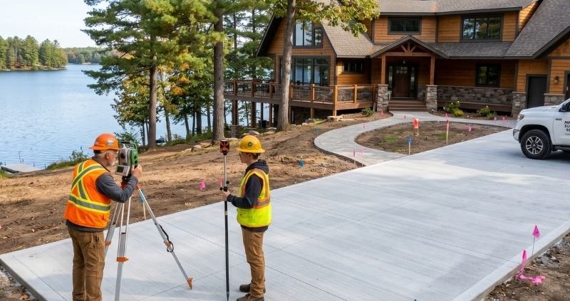 Two land surveyors in high-visibility vests use a total station and prism pole to measure a large, newly poured concrete driveway at a lakeside home in Minnesota.