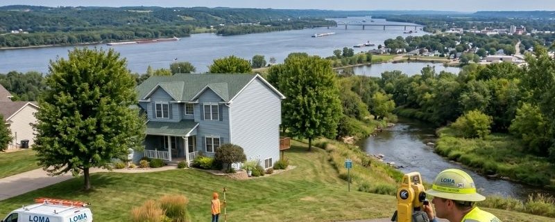 A professional land surveyor utilizing a total station on a hillside overlooking a suburban community and a river valley with a company vehicle parked nearby.