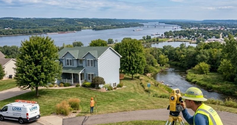 A professional land surveyor utilizing a total station on a hillside overlooking a suburban community and a river valley with a company vehicle parked nearby.