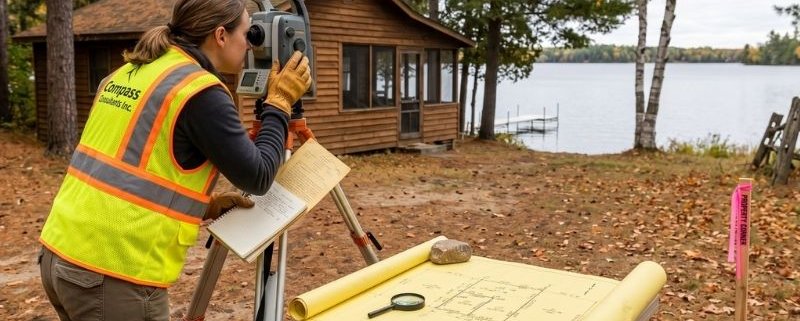 A land surveyor looks through a total station on a tripod beside a lake, with a survey map on a foreground table and a rustic cabin in the background.