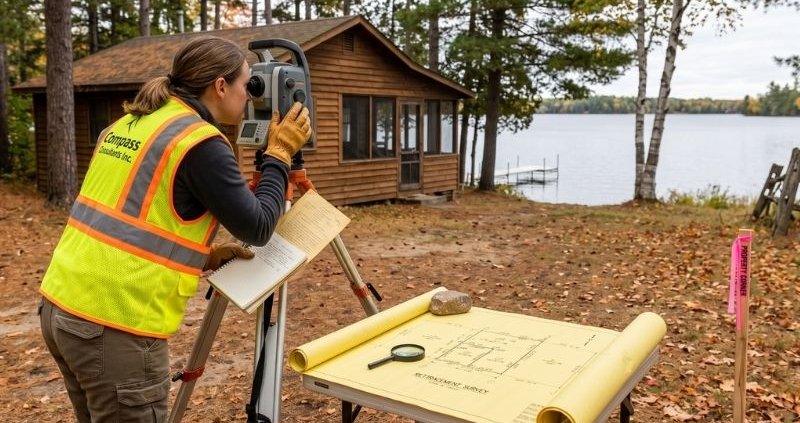 A land surveyor looks through a total station on a tripod beside a lake, with a survey map on a foreground table and a rustic cabin in the background.