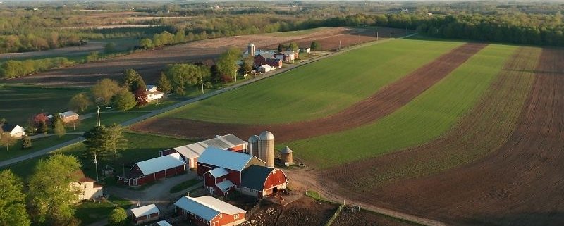 Aerial view of a rural farmstead with red barns, silos, and fenced pastures surrounded by large green and brown crop fields, tree-lined roads, and gently rolling countryside.